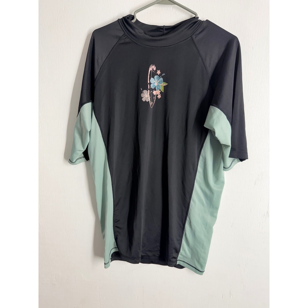 Kanu Surf Rash Guard XXL Black Mint Green Short Sleeve Swim Shirt Hibiscus